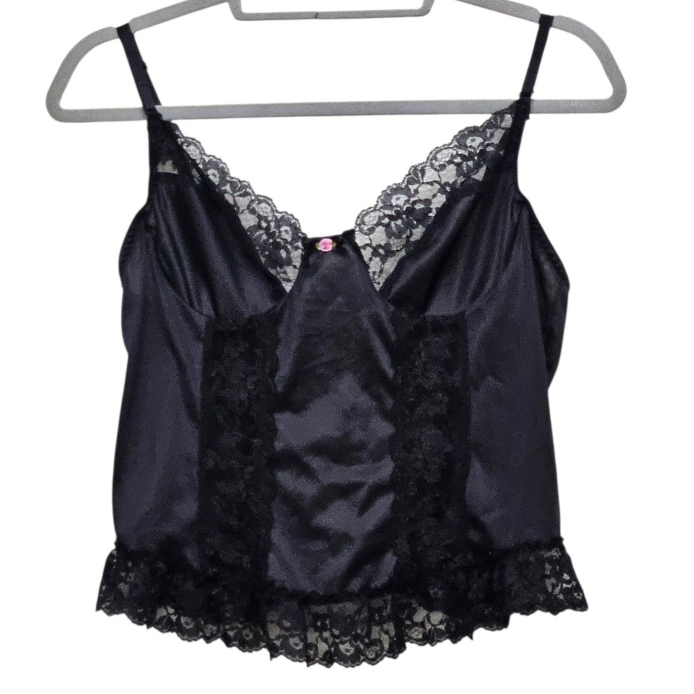 Vintage 90 Camisole‎ L Black Satin Lace Rosette Lingerie Layered Goth Whimsigoth